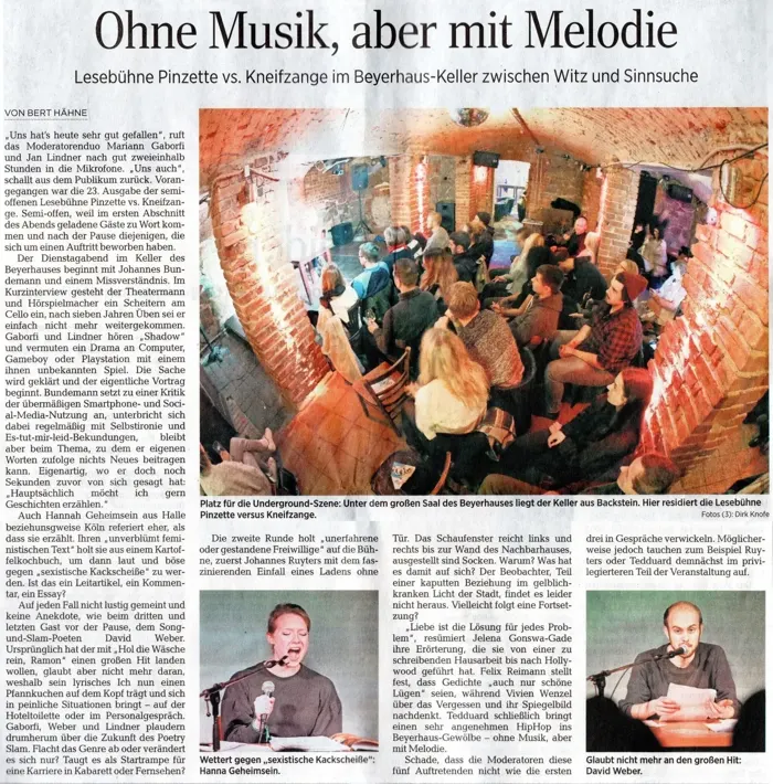 Zeitungsbericht über die Lesebühne im Beyerhaus-Keller, Überschrift: Ohne Musik, aber mit Melodie